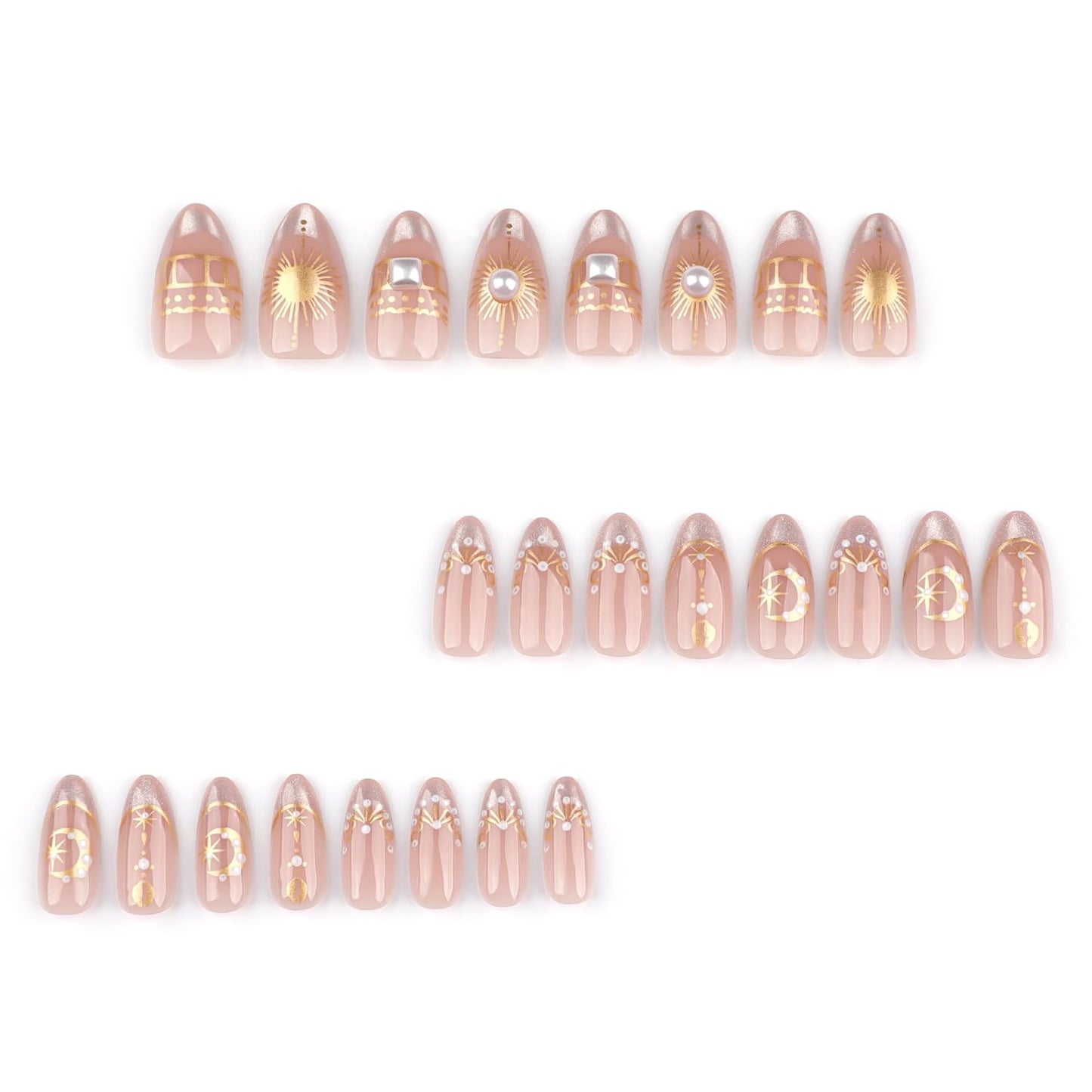 French Nude Press On Nails Almond, Short Fake Nails with 3D Gold Moon and Star Design, Glitter French Tip and Pearl Accents, Glossy Reusable Glue On Nails Kit for Women, 24Pcs