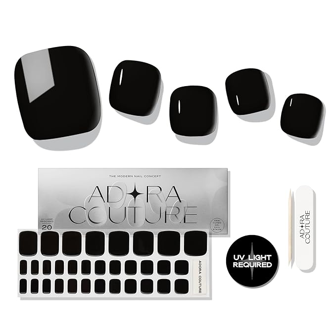 Semi Cured Gel Nail Strips - 32 pcs Gel Pedicure Stickers, Easy to Apply & Remove Toenail Stickers, Salon Quality at Home & Long Lasting - UV Nail Lamp Required - Black P