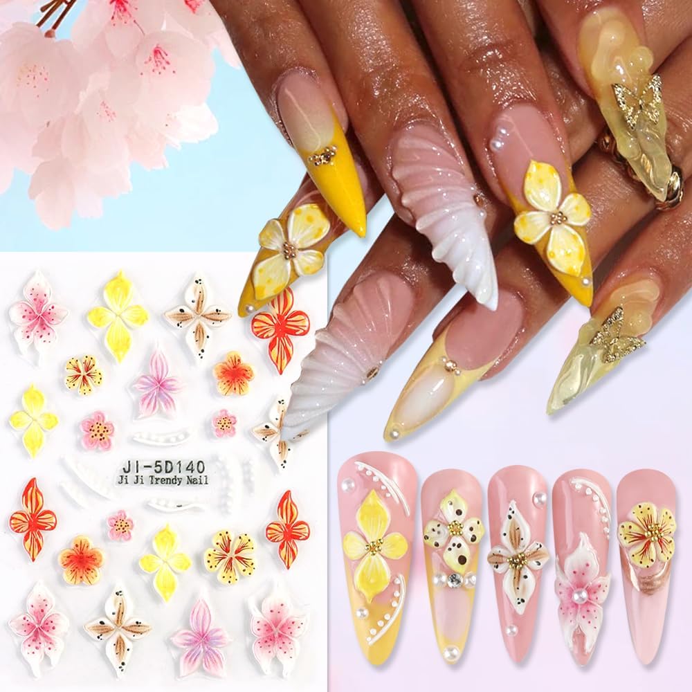Flower Nail Art Stickers Decals 5D Embossed Nail Decals, 5 Sheets Colorful Flower Spring Summer Hibiscus Lily Floral Nail Art Design Self-Adhesive Nail Supplies Manicure Decorations for Women Girls