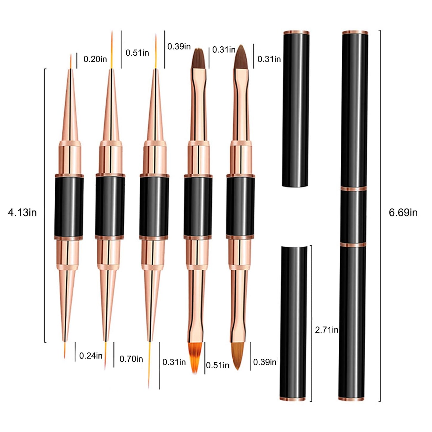 Wokoto 6 Pcs Double-Ended Acrylic Nail Brushes Set - Gel Polish Nail Art Design Pen Painting Tools - Liner and Ombre Brush for Acrylic Application - Salon at Home DIY Manicure