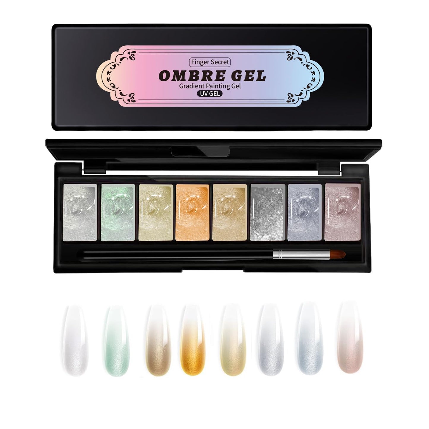 Finger Secret 8 Colors Ombre Gel Pat Nail Polish Set,Ombre Pigment for Nails,Gradient Painting Gel with 50Pcs Nail Sponges for 3D Gels Nail Art can be Painted in Salon or Home Use