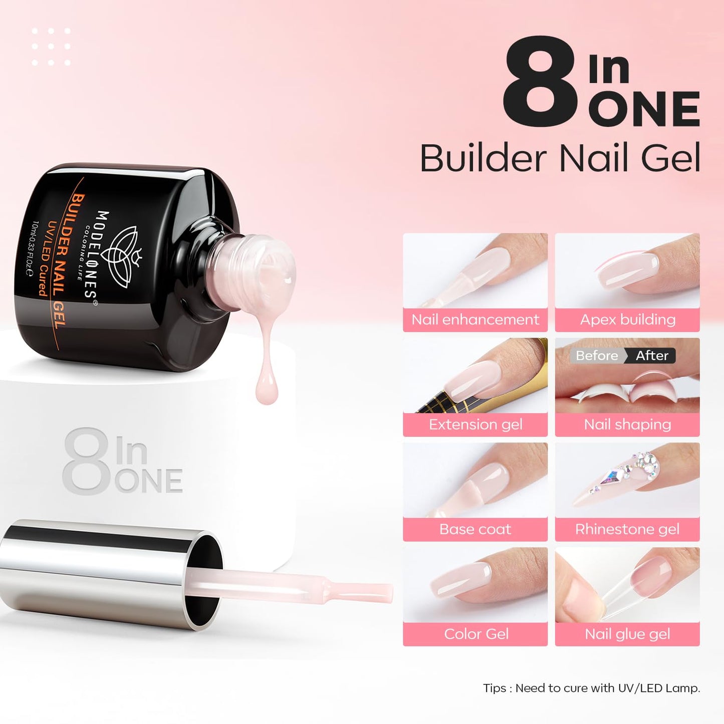 modelones Builder Nail Gel, 2 Pcs Cover Nude and Rose Pink Gel Builder for Thickening Apex Building 8-in-One Rubber Color Base Polish Strengthener Extension LED Lamp Cured 10 ml DIY Home Salon