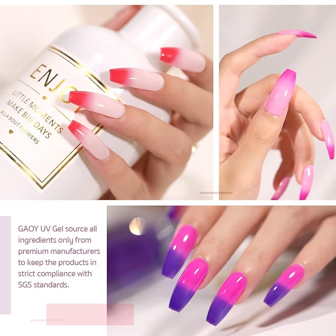 GAOY Color Changing Gel Nail Polish Set, 6 Temperature Mood Changing Colors Red Pink Purple, Soak Off UV Light Cure Gel Polish for Salon and Nail Art DIY at Home
