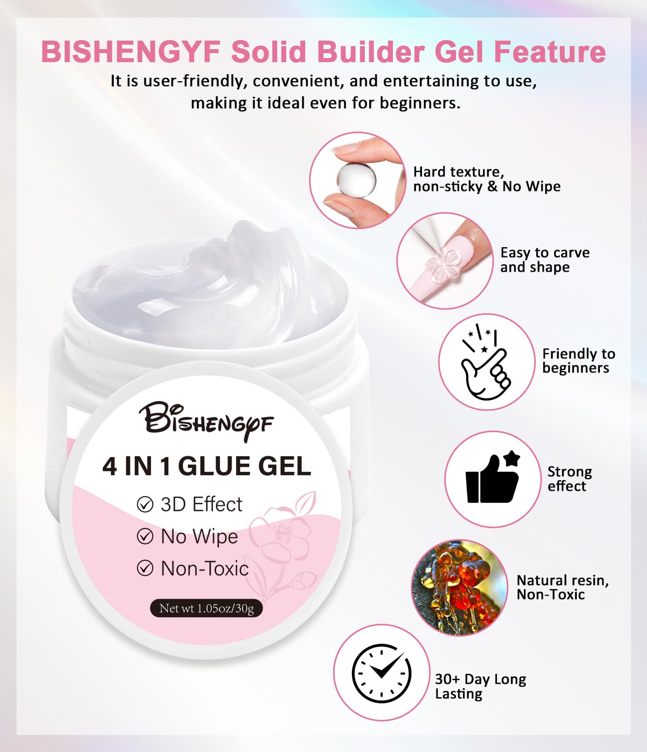 Chrome Nail Powder and Solid Builder Gel Kit BISHENGYF: 30g 4 In 1 No Wipe 3d Sculpting Nail Gel Aurora Pink White Pearl Chrome Nail Powder Clear Non-Sticky Hand Extension Glue for Nail Decoration