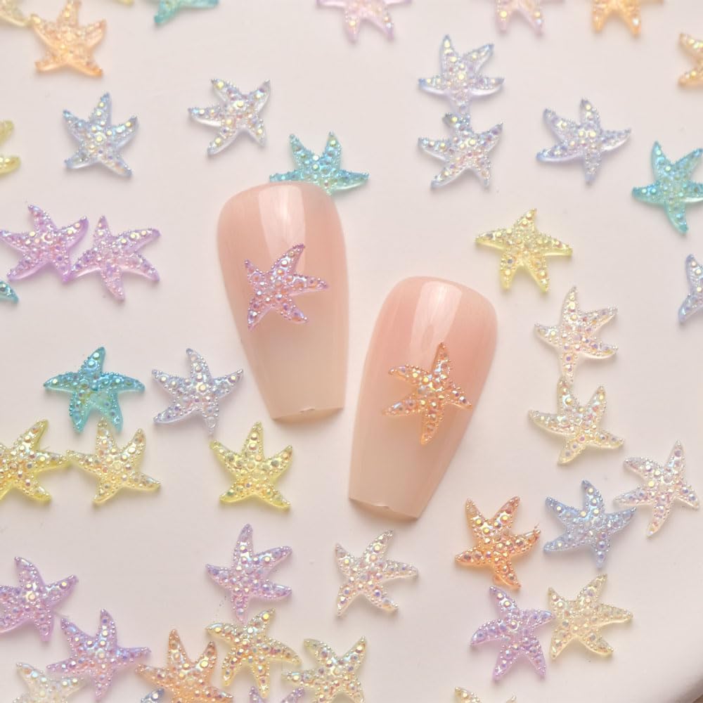 200PCS Iridescent Starfish Nail Art Rhinestones, Pastel Rainbow Colors, Mini Resin Decorations for Manicure