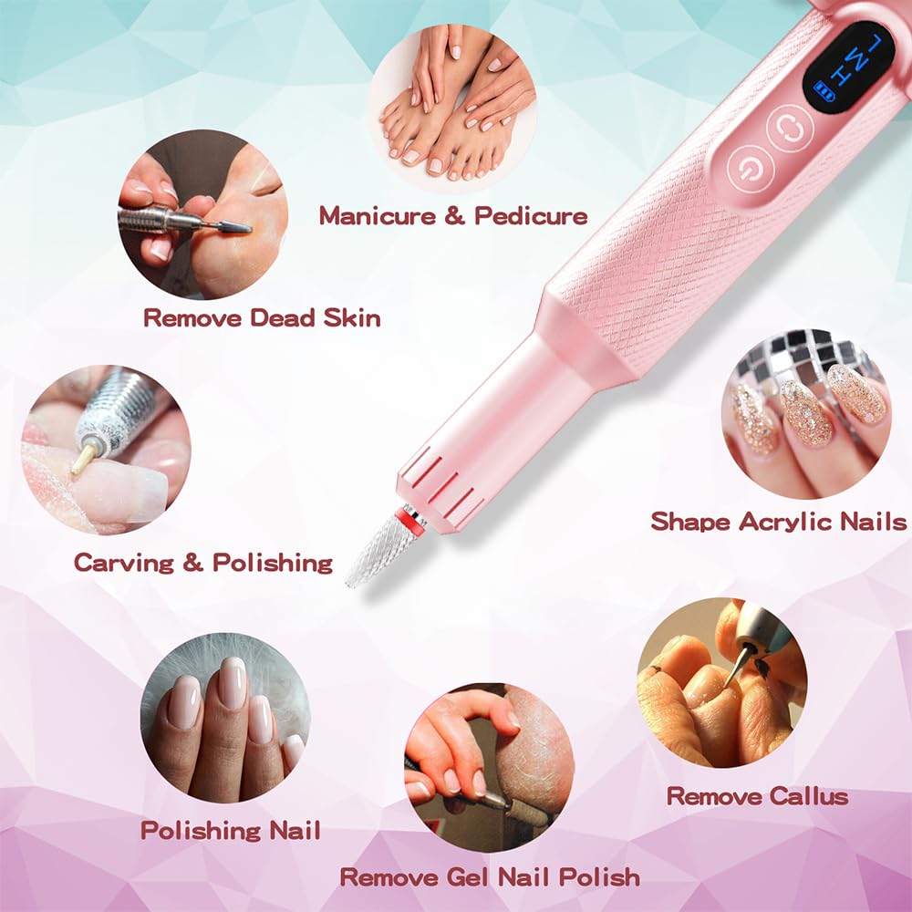Pinkiou Electric Nail Drill, Cordless Electric Nail File ,Manicure Pedicure Kit for Acrylic,Gel Nails,Rechargeable Nail Drill,Professional Nail Grinder for Home Salon Use（Pink）