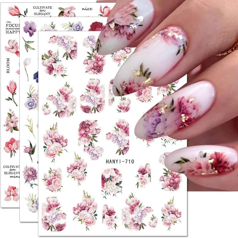 Dornail 8 Sheets 3D Flower Nail Stickers - Spring & Summer Colorful Floral Nail Art Stickers with Blooming Florals & Leaf Designs for DIY Nail Decorations