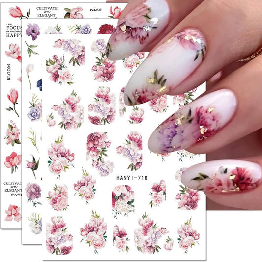 Dornail 8 Sheets 3D Flower Nail Stickers - Spring & Summer Colorful Floral Nail Art Stickers with Blooming Florals & Leaf Designs for DIY Nail Decorations
