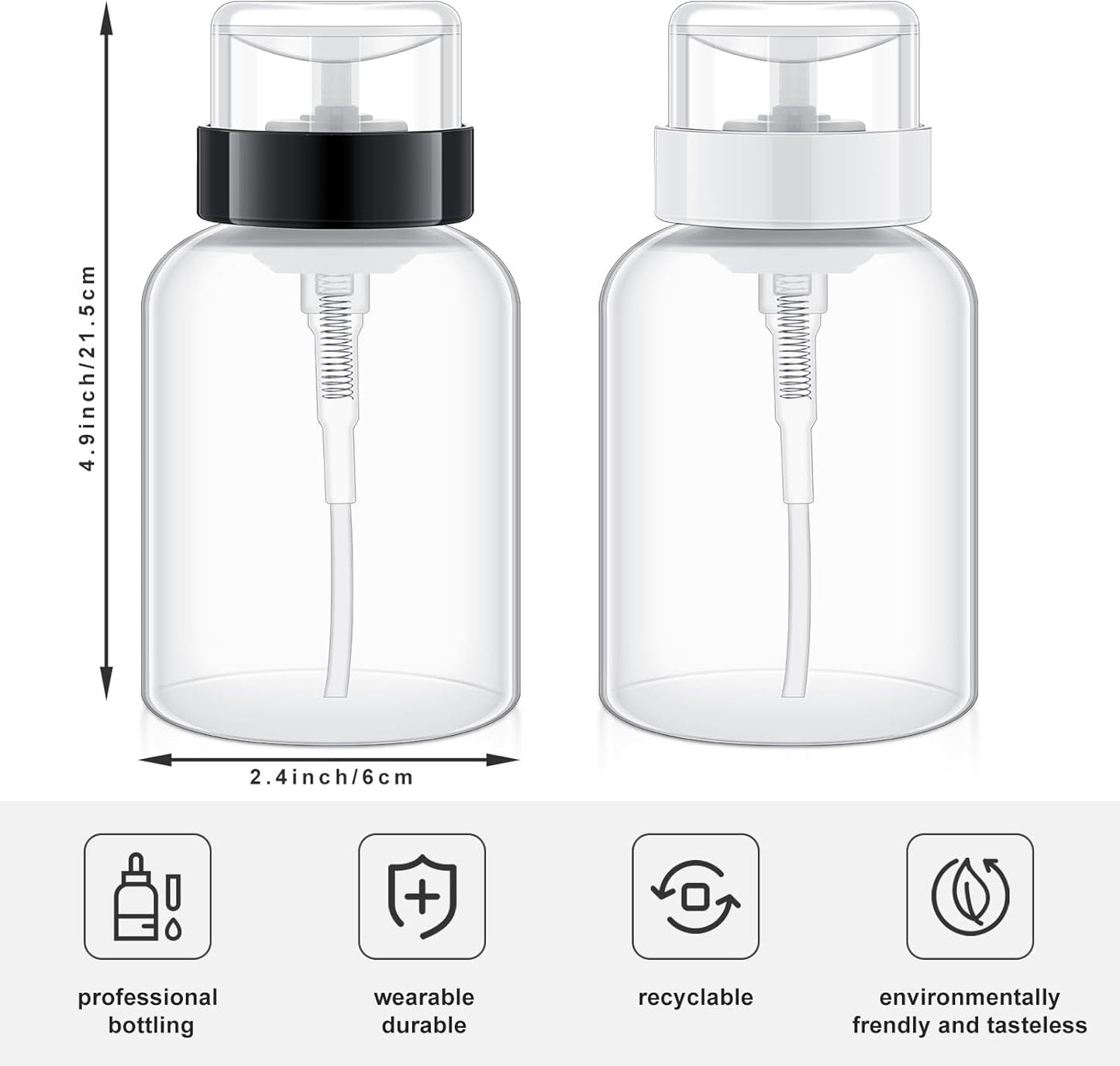 Yungyan 12 Pcs Pump Dispenser Bottle for Nail Polish 6.8 oz Push Down Pump Dispenser Empty Lockable Alcohol Bottles Containers for Makeup Remover, Alcohol, Acetone, Liquid, Travel, Black White Top Cap