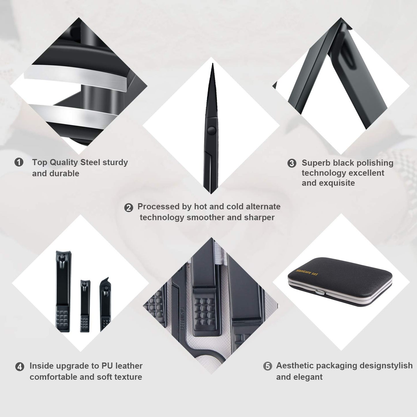 Manicure Set, Travel Mini Nail Clippers Kit Pedicure Care Tools, 10pcs Stainless Steel Grooming kit (Black)