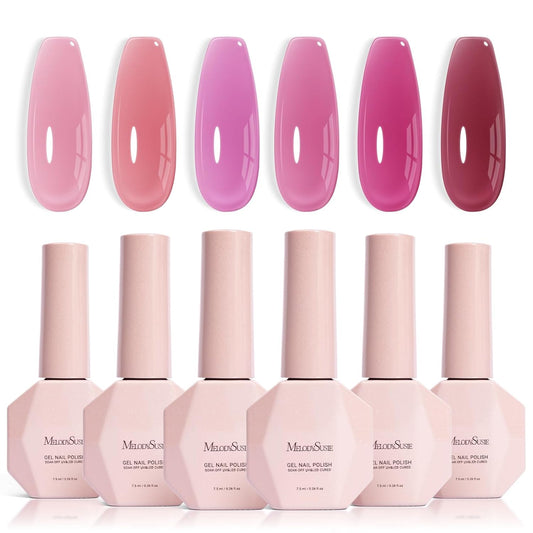 MelodySusie Jelly Gel Nail Polish Set,6 Transparent Colors,Milky or Jelly Texture,Romantic and Lovely Pink Colors Soak Off UV LED Light Cure or Salon Manicure and Nail Art DIY at Home