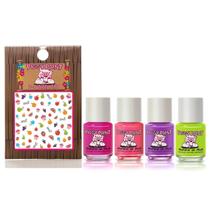 Piggy Paint | 100% Non-Toxic Girls Nail Polish | Safe, Cruelty-free, Vegan, & Low Odor for Kids | Cutie Fruity (4 Polish + Nail Art Gift Set)