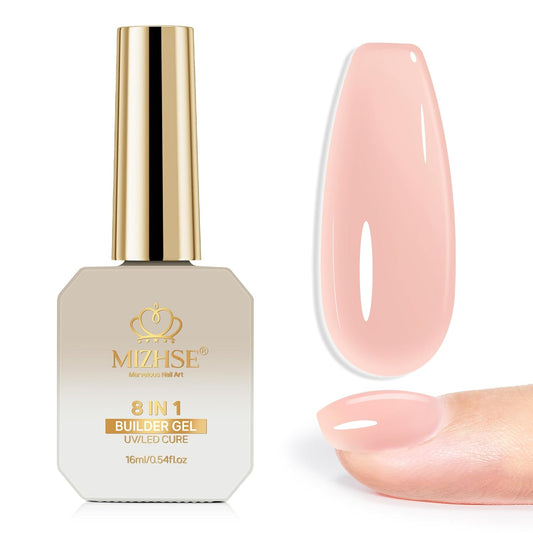 MIZHSE Builder Nail Gel, 8-in-1 Jelly Pink Nude Builder Nail Gel Strengthener Gel Thickening Extension Rhinestone Glue in a Bottle for DIY Salon LED & U V Lamp Needed 16mL