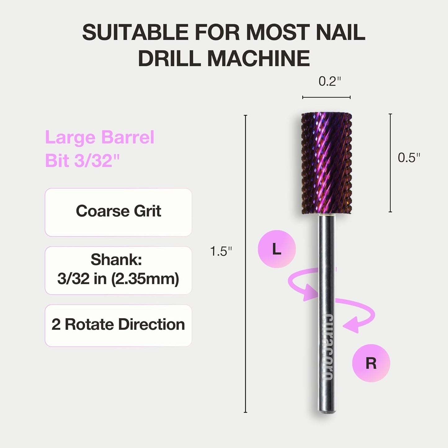 Curacoro Nail Drill Bits 3/32'' - Safe Smooth Stop Large Barrel Carbide Bit (Coarse), Fast Remove Acrylic or Gel Nails, Long-lasting Bits for Nail Beds, Nail Art Salon & Home