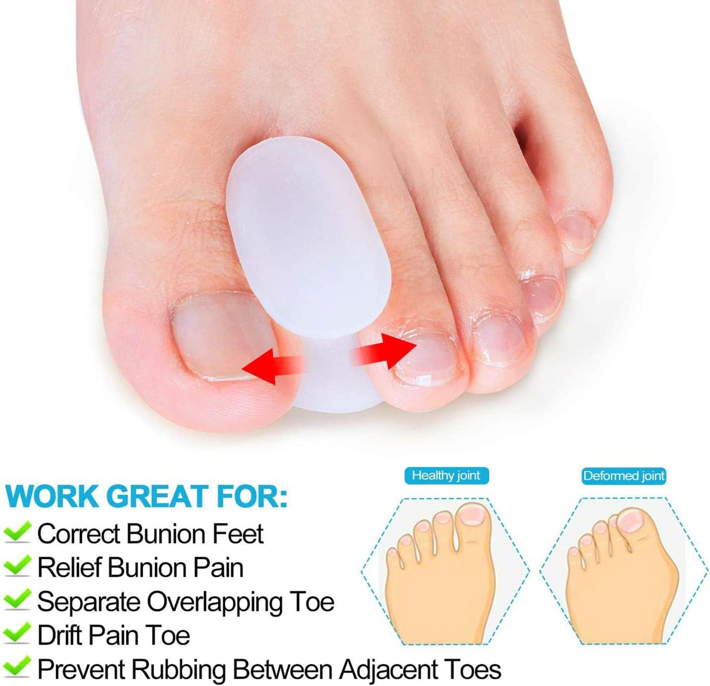 Povihome 10 Pack Toe Spacers Separators, Bunion Corrector Gel Orthotics (1/2'' Thick) for Bunion, Overlapping Toes - L Size