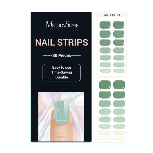 MelodySusie 30PCS Semi Cured Gel Nail Strips (Green Harmony), Works with Lamp, Salon Quality, Long Lasting, Easy to Apply and Remove, Includes 2 Prep Pads, Nail File & Wooden Stick