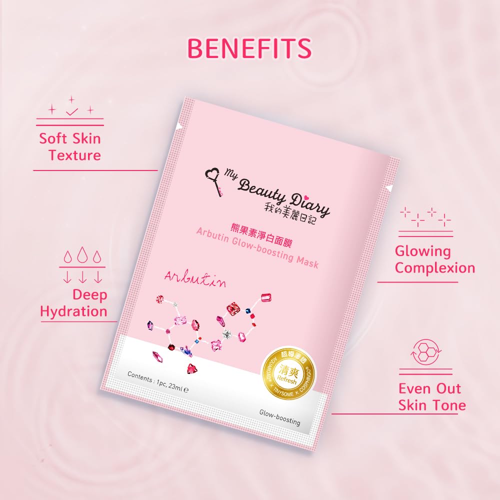 My Beauty Diary Arbutin Glow-boosting Facial Mask (3 Boxes x 8pcs) + Rejuvenate Revital Rock Rose Facial Mask (1 Box x 2pcs)- Smoothening & Firming Mask for Dry Skin & All Skin Types