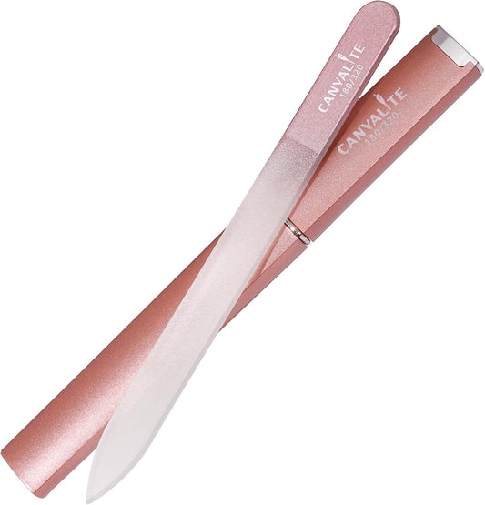 CANVALITE Glass Nail Files for Natural Nails - Double Sided 180/320 Grit Crystal Glass File with Case, Gentle Emery Boards for Damaged Nails, Stocking Stuffers for Women (Rose Gold)