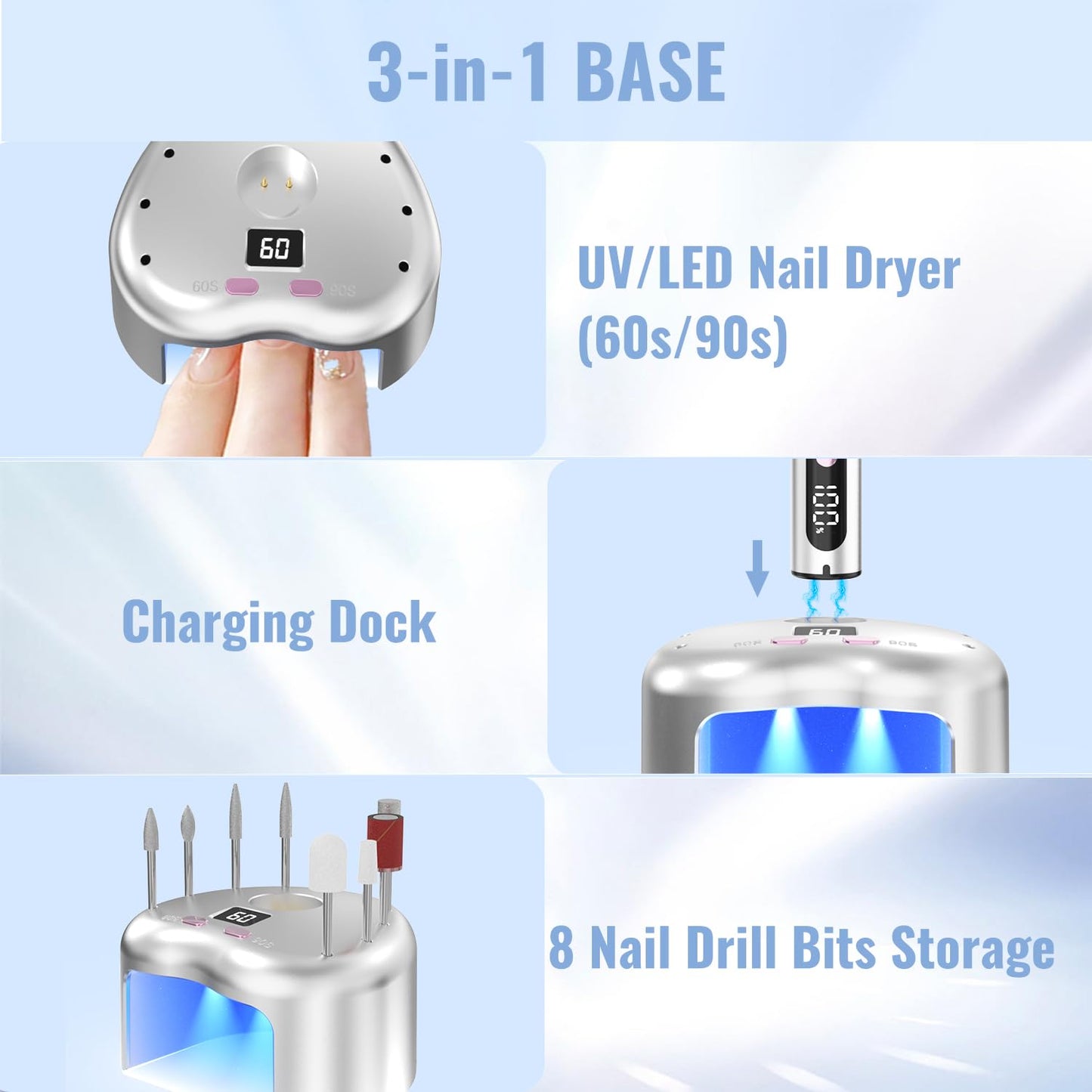 Cordless Electric Nail Drill File: 35000RPM Professional Nail Drill Machine with UV LED Nail Lamp Charging Base, Manicure Pedicure Kit E File for Acrylic Gel Dip Powder Polish Silver