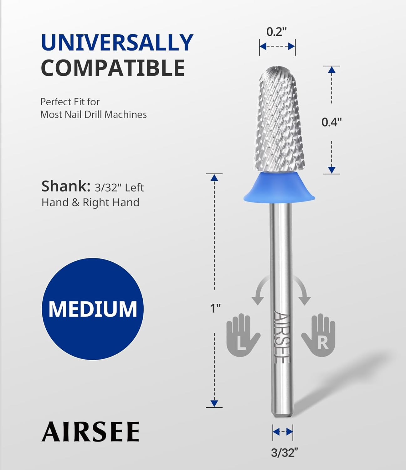AIRSEE Tungsten Carbide Acrylic Nail Drill Bit Efile Electric File Machine Head Tip for Manicure Polishing Art Remove Gel 3/32" 2 Way Safety Use Big Ball Top Tapered Bit Plus Cone Shape Medium-M