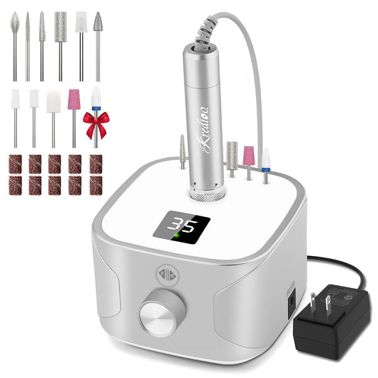 Kredioo Electric Nail Drill Professional for Salon Use 35000RPM Efile File Kit for Gel Nails Polish Remover with 11 Bits and Sanding Bands Build-in Bit Holder -Silver