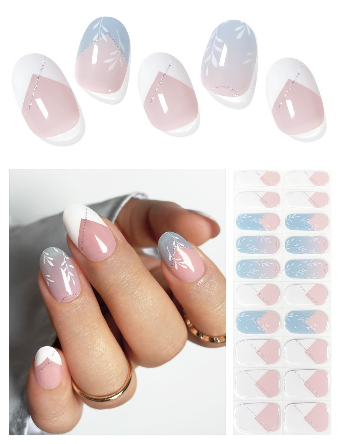 Semi Cured Gel Nail Strips (Pink Diamond), White French, 20 Pcs Gel Nail Wraps, Stickers, UV Light Required, Salon Quality, Long Lasting