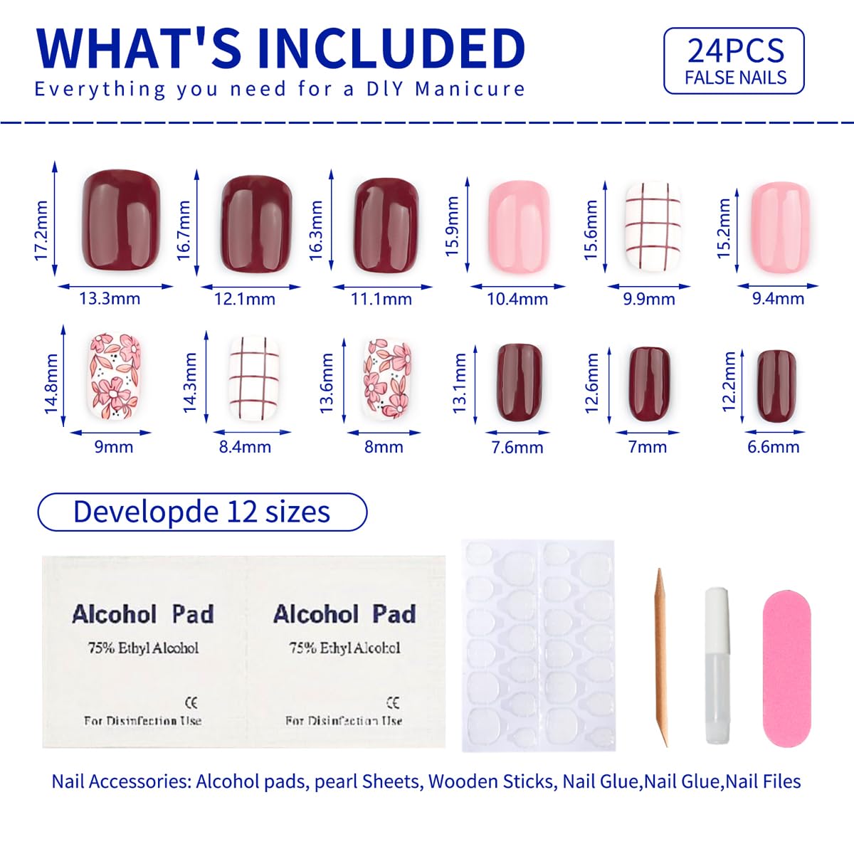 Press On Nails Short Square, Pink Fake Nails with Multicolored Nails and a Blend of Vintage and Romantic Designs, Glossy Gel Finish, Durable Reusable Acrylic Press On Nails Kit for Women