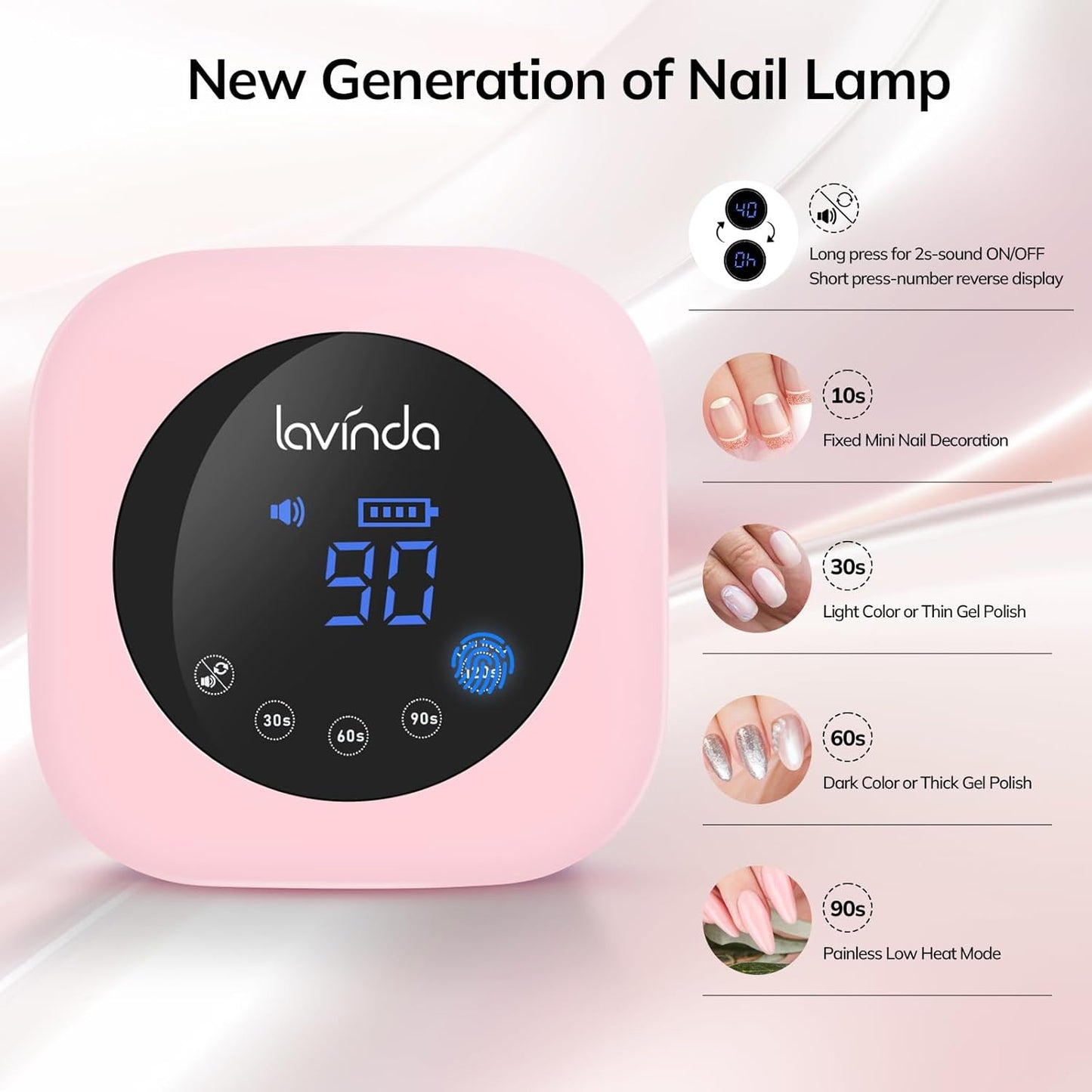 Lavinda UV LED Nail Lamp 54W Cordless Gel Nail Light, Rechargeable UV Lamp for Nails, Professional LED Nail Dryer with Timer & Display for Gel Nails Salon Home Use Matte Macaron Pink