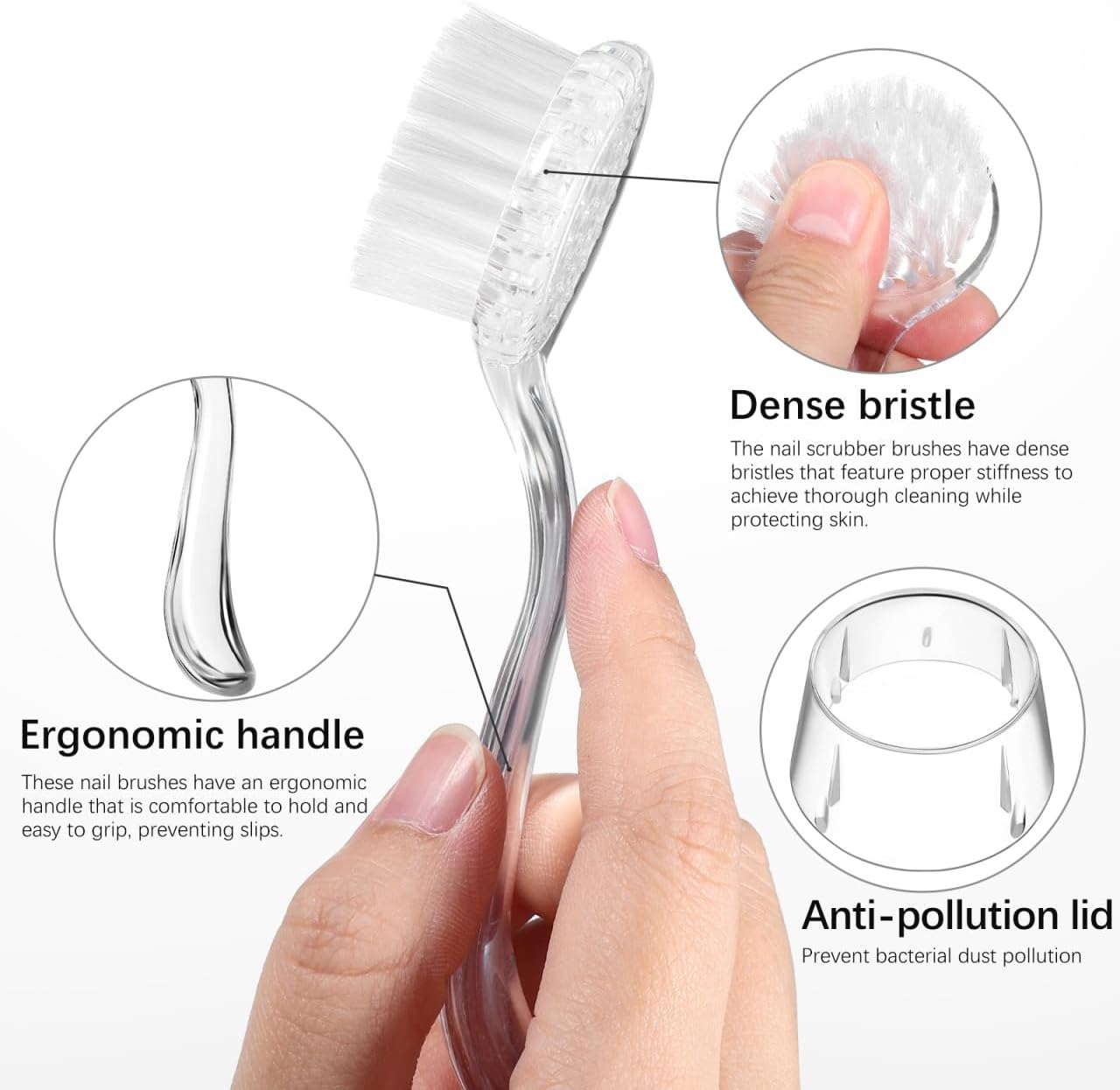 Long Handle Nail Cleaning Brushes, 3pcs Set Transparent Plastic Fingernail Scrubber with Round Bristles and Protective Cover for Dirt Removal Manicure Cleaning Tool for Men and Women