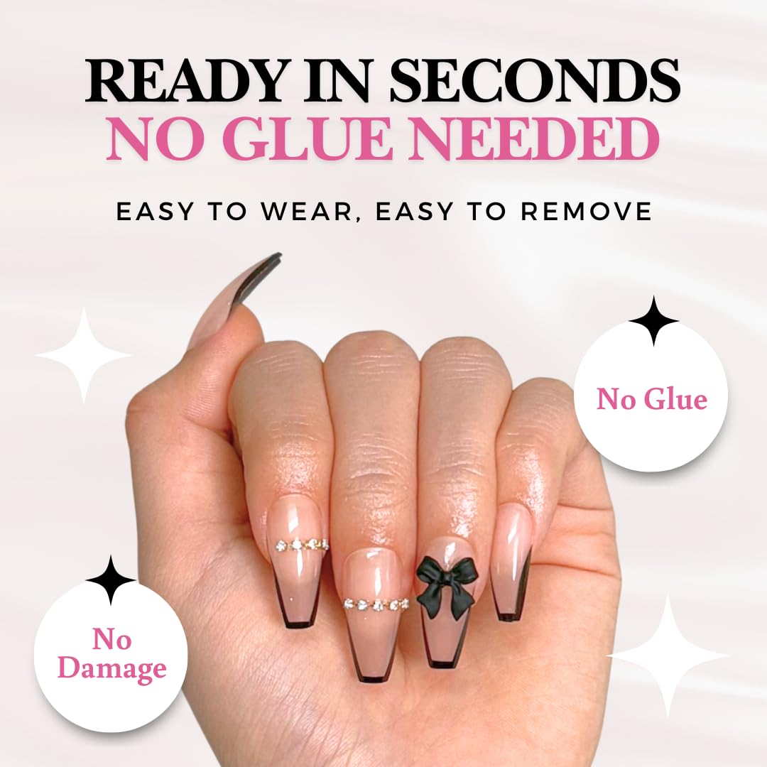 Perfect Look Press On Nails - Bow French | No Glue One-Day Long Coffin Nails, Black French Nude Nails with 3D Bow - 24 Pcs Nail Kit with Adhesive Tabs