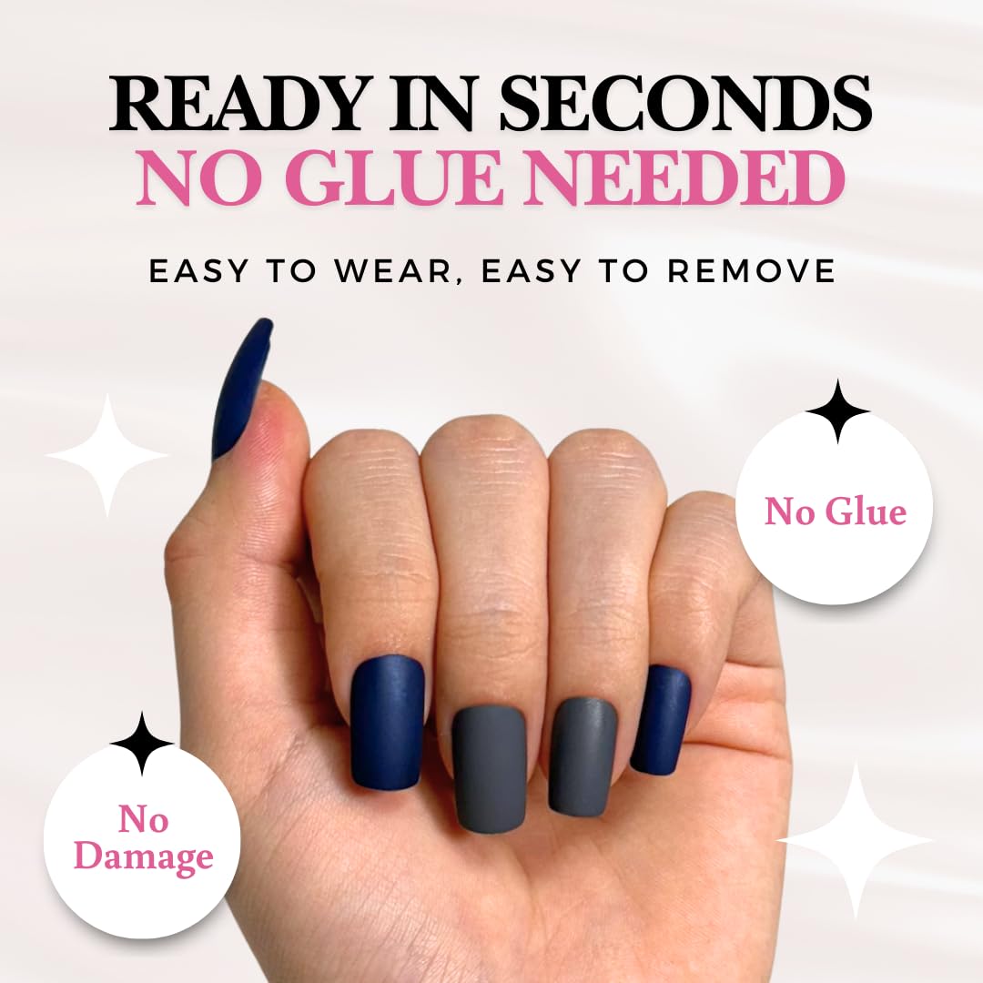 Perfect Look Press On Nails - Midnight Matte | No Glue One-Day Medium Square Nails, Matte Dark Grey & Navy Blue Fake Nails - 24 Pcs Nail Kit with Adhesive Tabs