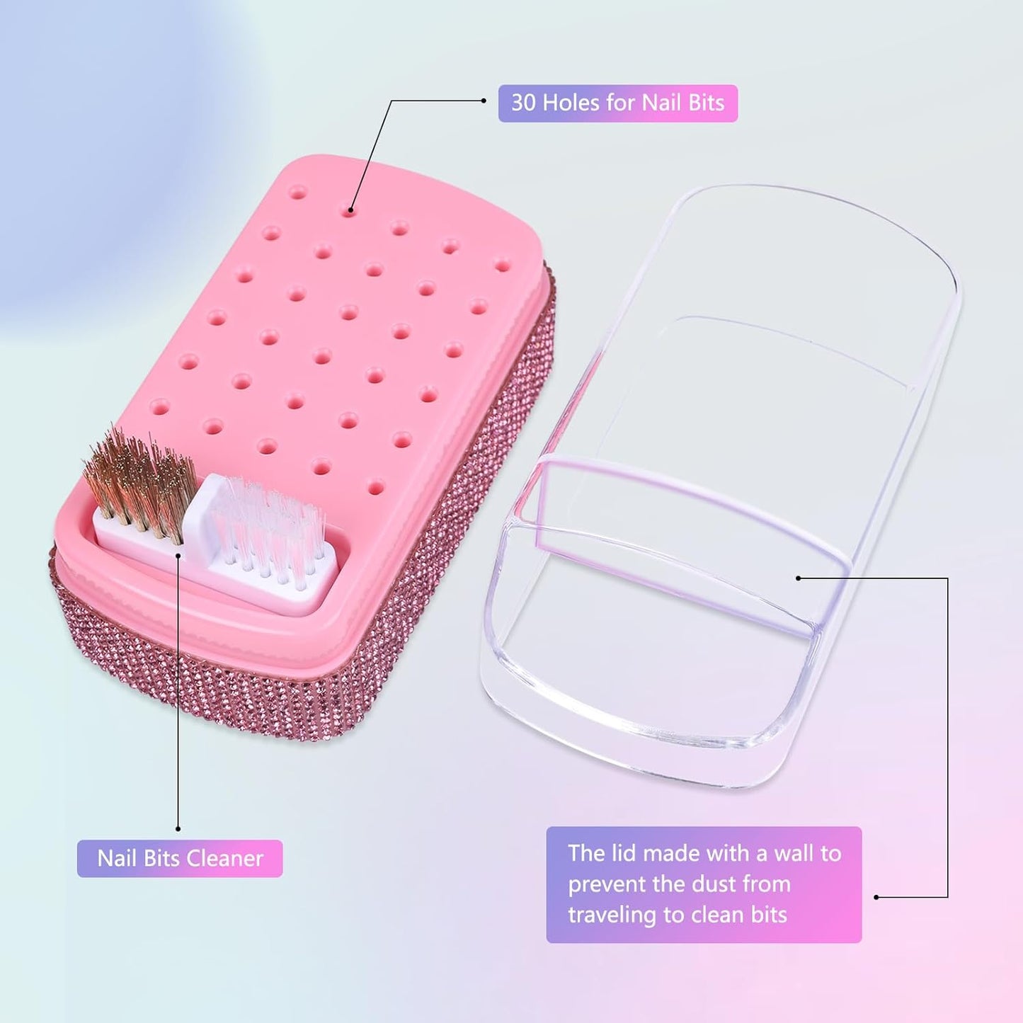 2 in 1 Nail Drill Bits Holder: 30 Holes Nail Bits Organizer Case with Cleaner Brush, Dustproof Efile Nail Tech Bits Storage Container Box Manicure Tools Accessories Display for Salon Home(Only Box)
