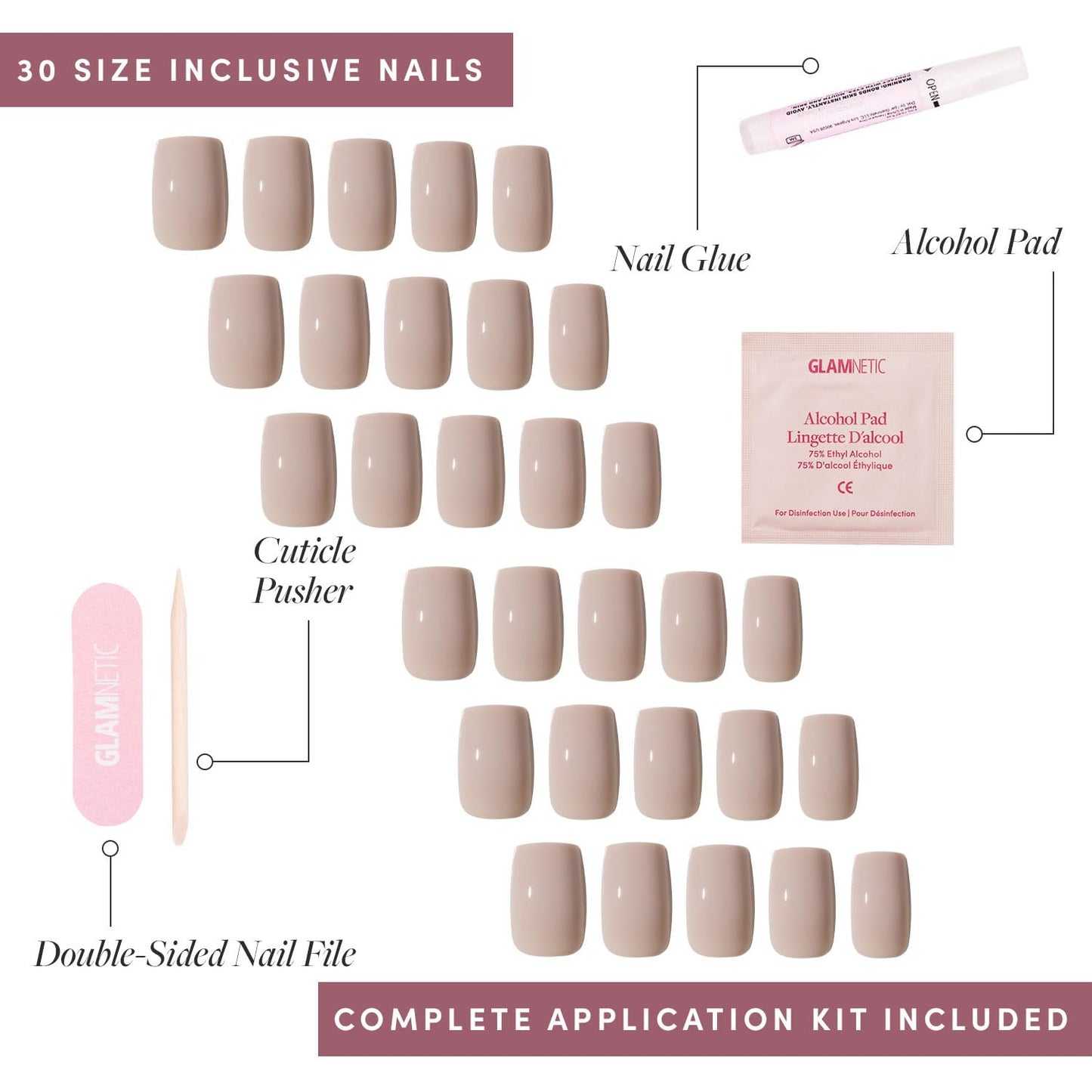 Glamnetic Press On Nails - Bare Bliss | Medium Square Fake Nails, Nude Opaque Neutral, Salon Quality | 15 Sizes - 30 Nail Kit Wtih Glue
