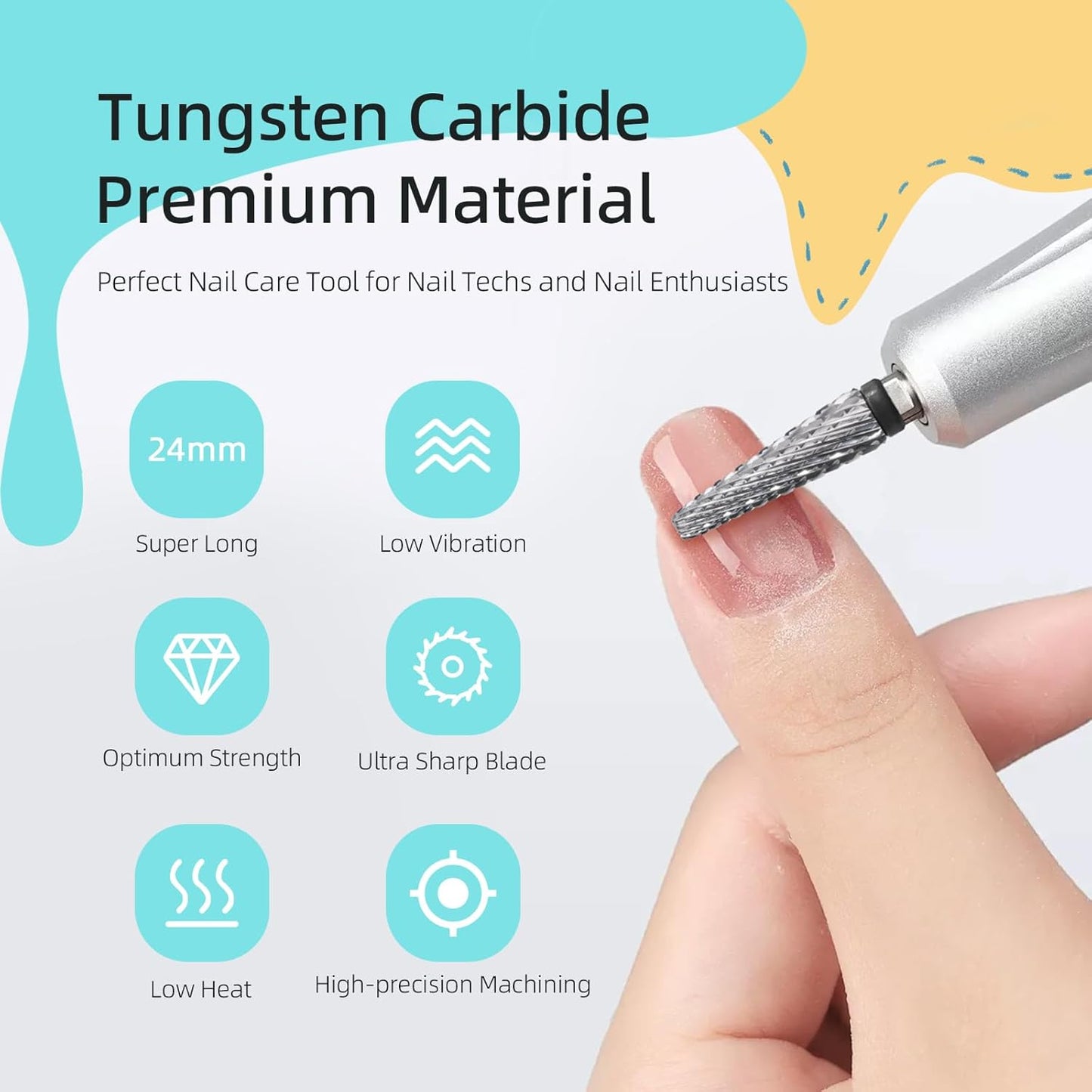 5 in 1 Nail Drill Bits, 24mm Super Long Carbide Cone Tapered Nail Bit, 3/32" Two-way Rotate Acrylic Drill Bits for Nails, Removal Gel Electric Drills File Manicure Accessories (XC)
