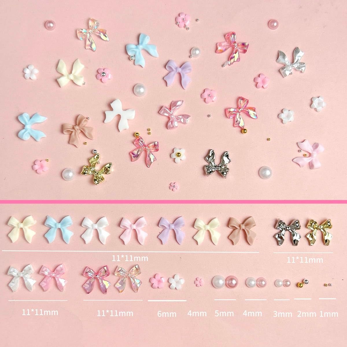 3D Bow Nail Charms Kit, Cute Pink Flowers White Flatback Pearl Charms for Nails, Gold Nail Bows Charms Nails Design for Women Manicure DIY Crafts Art Accessories