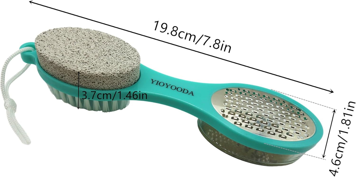 Foot File Callus Remover 5-in-1, 2 Pcs Feet Scraper Pedicure Tools with Pumice Stone, Scrubber Brush, Stainless Steel Foot Rasp and Sand Paper Debris Catcher, Multi Purpose, Cyan
