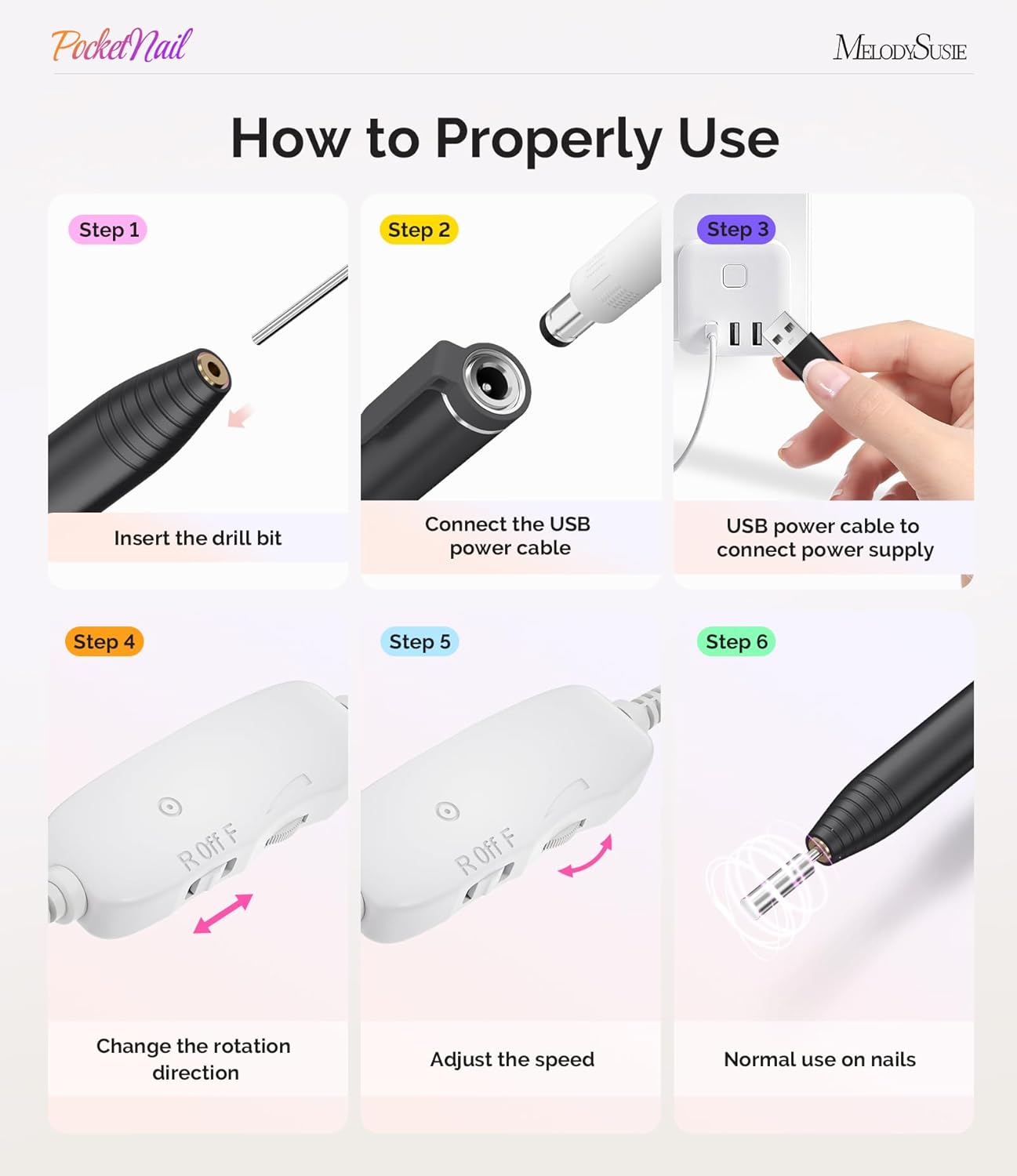 MelodySusie PocketNail Slim Ergonomic Pen-Shaped USB Nail Drill, PC100G 20000RPM Portable Electric File for All Manicure, Pedicure Nail Care, Shaping & Gel Removal at Home for Beginners