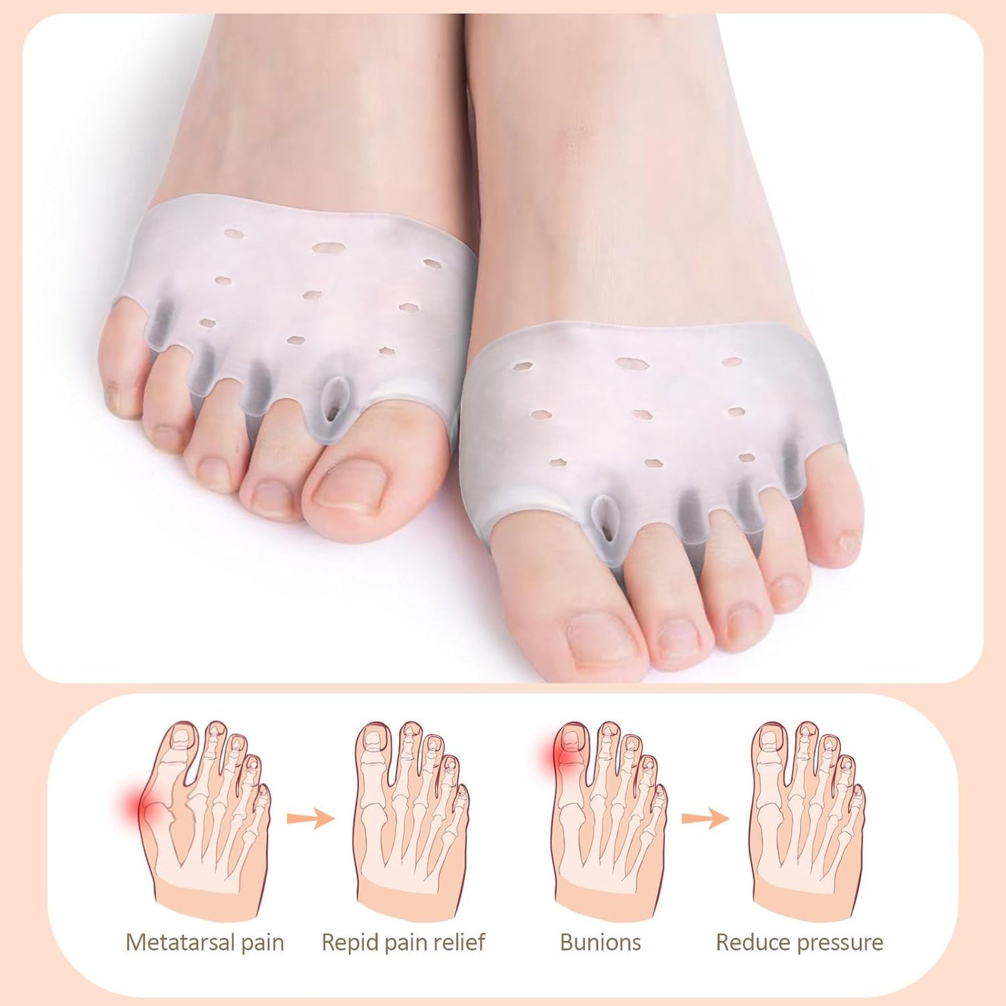 4 Pairs Silicone Toe Separators, Metatarsal Pads, Gel Toe Separators, Ball of Foot Cushions, Toe Separators for Overlapping Toes to Foot Pressure Relief (White Blue Clear Skin-color)