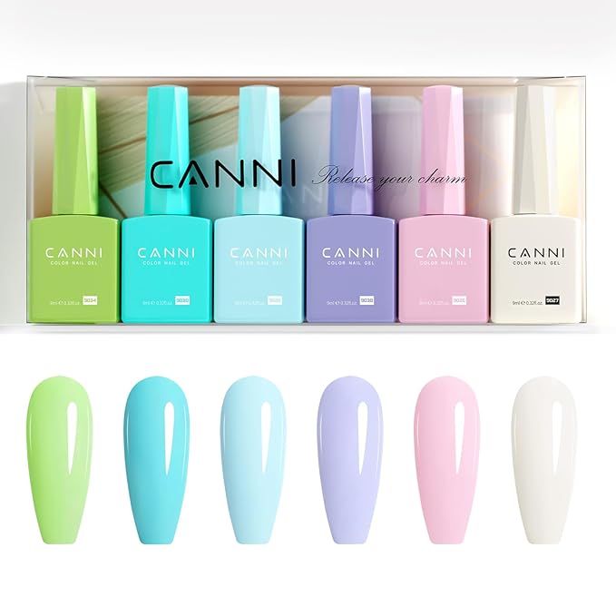 CANNI Gel Nail Polish Set - 6 Soft Shades (Pink, Blue,Lavender, Green, Ivory, White), 9ML Soak-Off UV LED Gel, HEMA-Free, for DIY or Salon Manicure