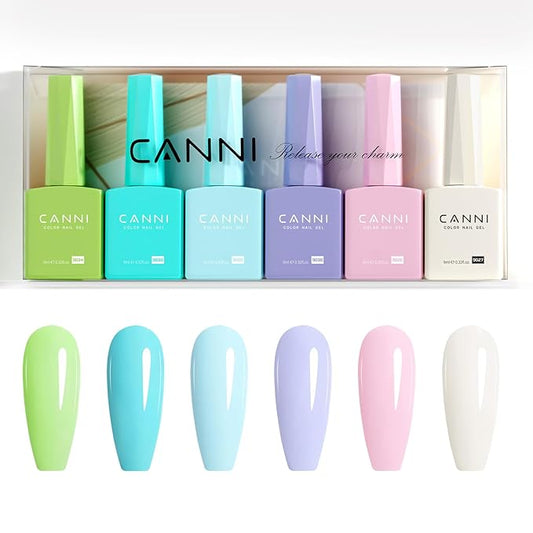CANNI Gel Nail Polish Set - 6 Soft Shades (Pink, Blue,Lavender, Green, Ivory, White), 9ML Soak-Off UV LED Gel, HEMA-Free, for DIY or Salon Manicure