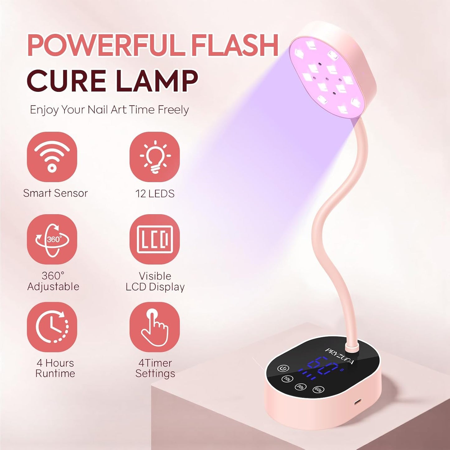 UV LED Nail Lamp, Cordless Gooseneck Mini Flash Cure UV Lamp for Gel X Nails, 36W Portable USB Rechargeable Nail Dryer with Auto Sensor, 4 Timers & LCD Display for DIY Home Manicure (Pink)
