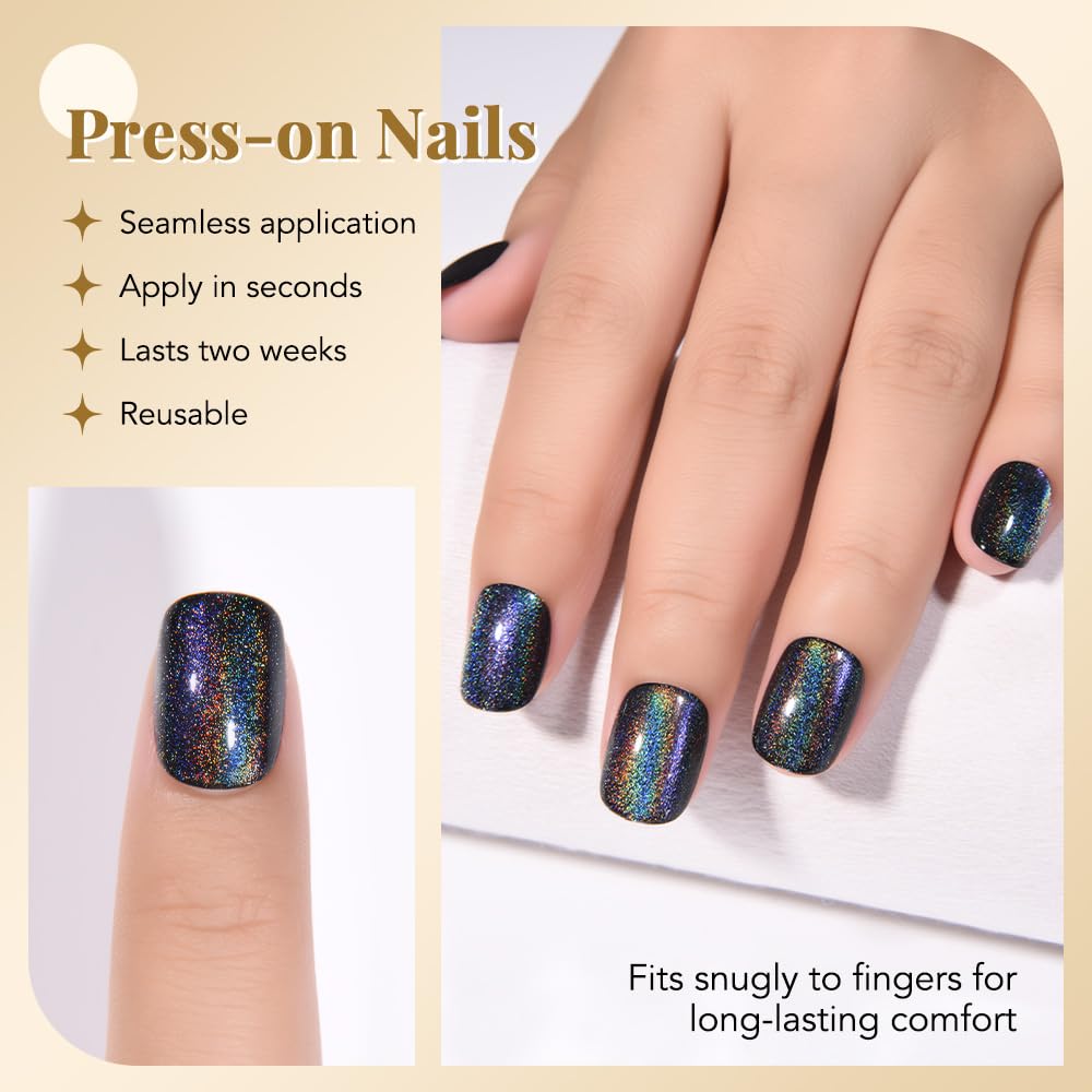 evpct Black Chrome Cat Eye Short Press on Nails Square, Short Square Glue on Nails for Women Gift, Black Metallic Glitter Glossy Reusable Spring Summer Stick Gel Press on Acrylic Fake Nail with Design