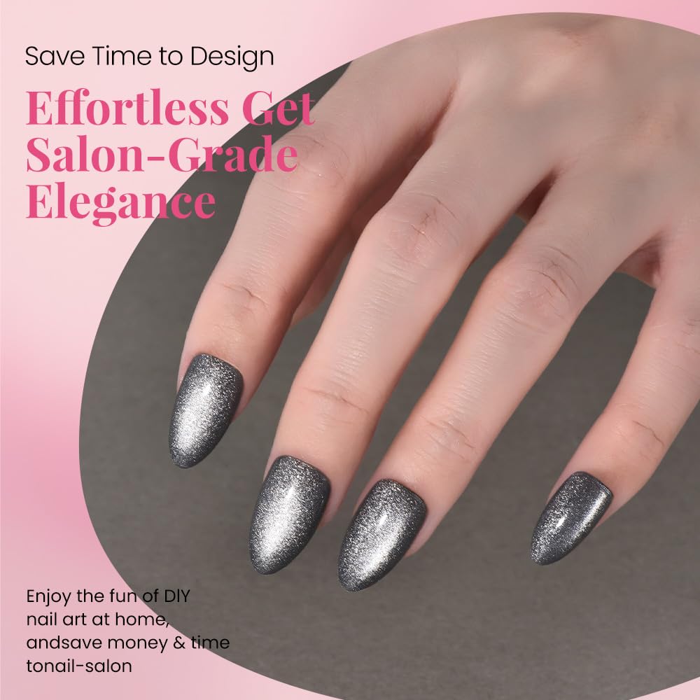 evpct Cat Eye Silver Press on Nails Almond Short, Silver Metal Short Almond Soft Gel Press on Nails with Nail Glue, Fit Perfectly, 30Pcs Reusable Acrylic Fake Press-on Nail Polish Kit for Women Gift