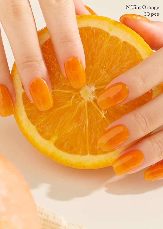 ohora Semi Cured Gel Nail Strips (N Tint Orange) - Brown, Tint, Works with Any UV/LED Lamps, Salon-Quality, Long Lasting, Easy to Apply & Remove - Includes 2 Prep Pads, Nail File & Wooden Stick