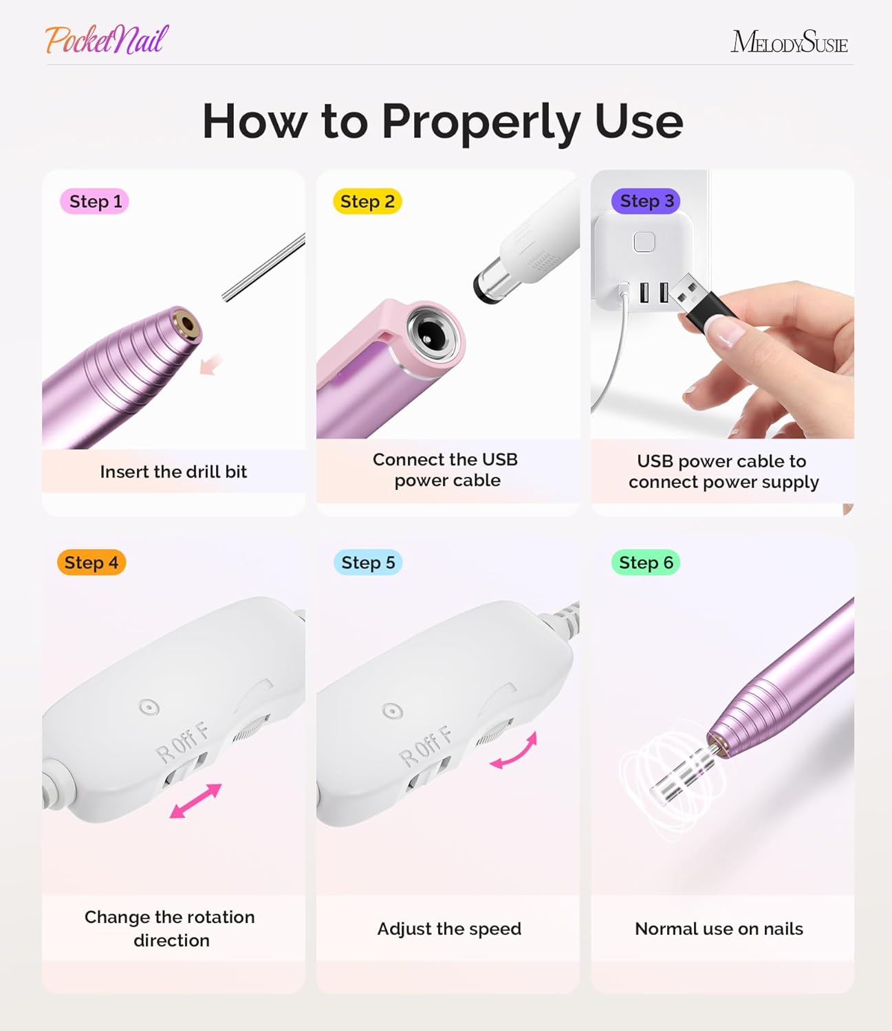 MelodySusie PocketNail Slim Ergonomic Pen-Shaped USB Nail Drill, PC100G 20000RPM Portable Electric File for All Manicure, Pedicure Nail Care, Shaping & Gel Removal at Home for Beginners