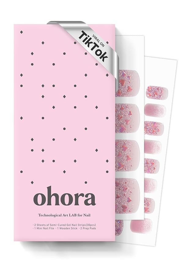 ohora Semi Cured Gel Pedi Strips (P Heart Glimmer) - Works with Any Nail Lamps, Salon-Quality, Long Lasting, Easy to Apply & Remove - Includes 2 Prep Pads, Nail File & Wooden Stick