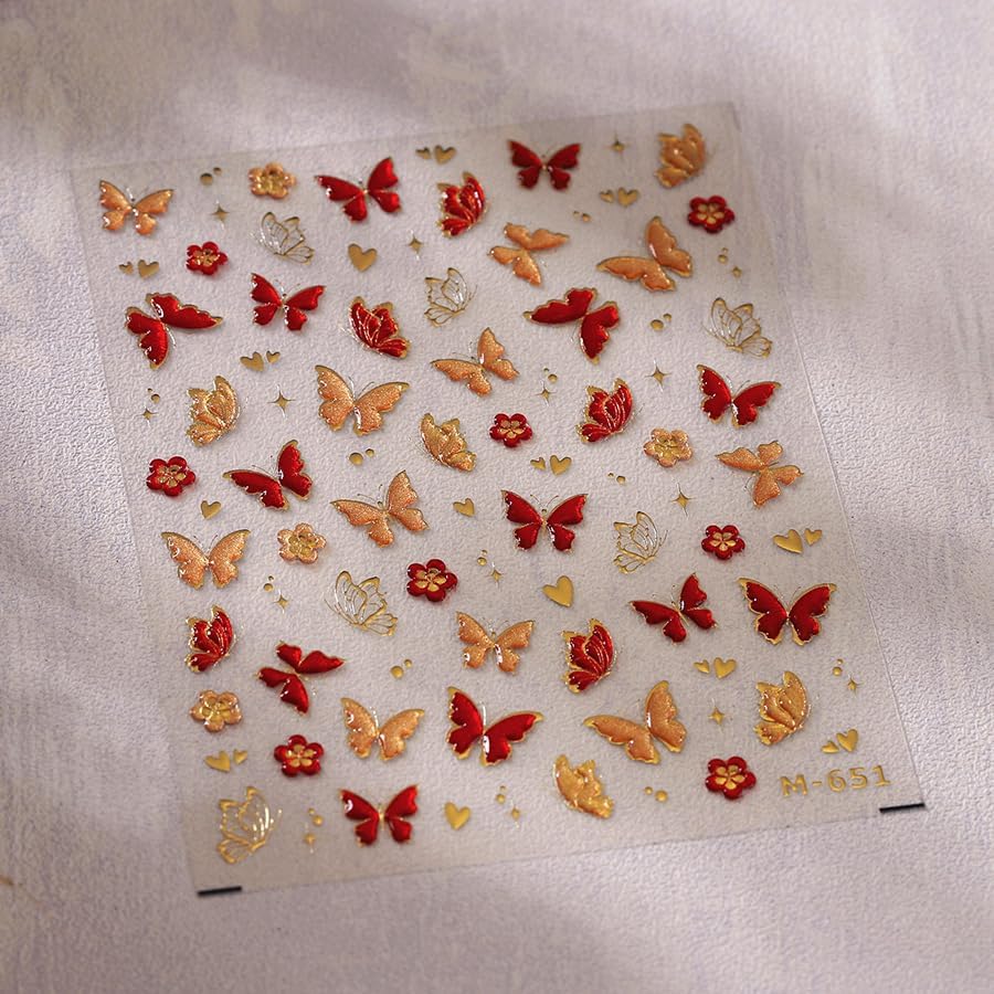 5D Butterfly Nail Art Sticker Decals Crystal Soft Self Adhesive Embossed Spring Nail Stickers Design Gold Red Green Butterfly Nail Decals Supplies Accessories 2 Sheet