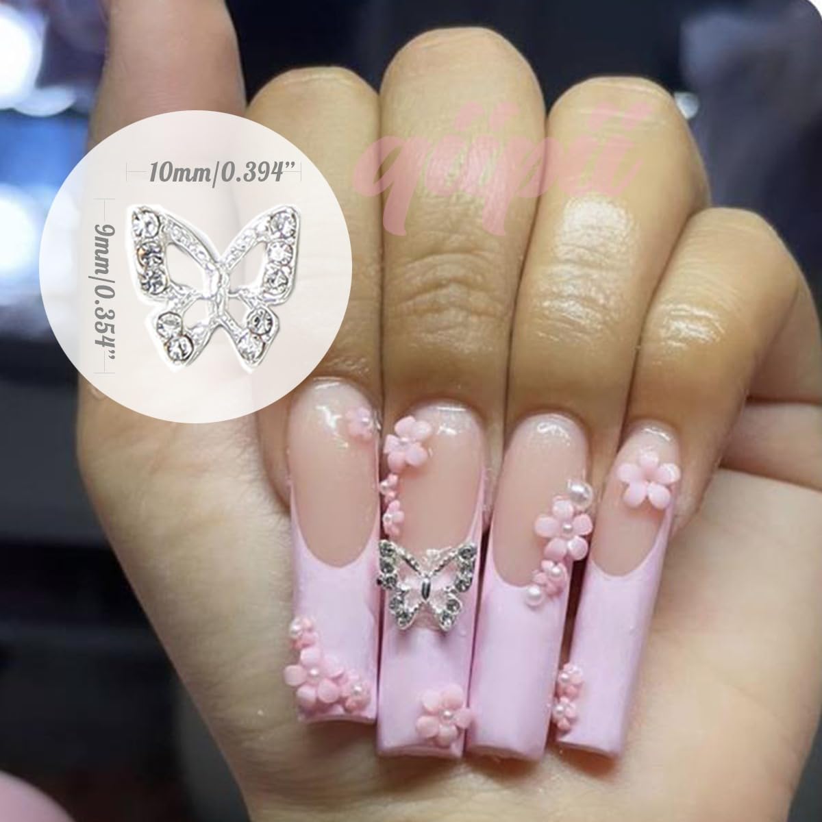 48pcs Silver Butterfly Nails Charms Bulk 3D Rhinestones Alloy Studs Nail Art Jewels Diamonds Gems Decor Supplies