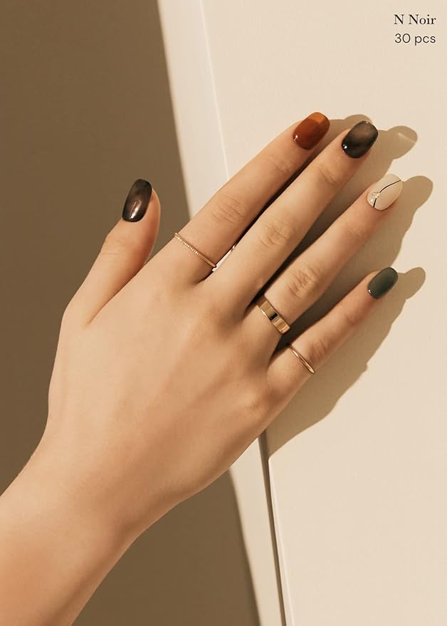 ohora Semi Cured Gel Nail Strips (N Noir) - Dark, Patterned, Works with Any UV/LED Lamps, Salon-Quality, Long Lasting, Easy to Apply & Remove - Includes 2 Prep Pads, Nail File & Wooden Stick