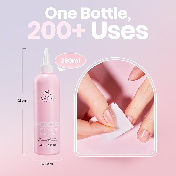 Beetles Non Acetone Nail Polish Remover - 8.45Fl Oz/250ML Nourishing Formula Acetone Free Nail Polish Remover - Non-Drying - Professional Quick and Gentle Removal for Natural Damaged Nails